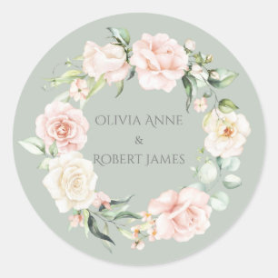 Gold Sage Green Pink Blush Floral Names Wedding Cl Classic Round Sticker