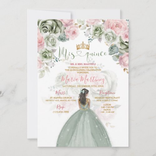 Gold Sage Green  Pink Floral Princess Mis Quince Invitation