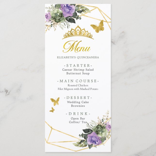 Gold Sage Green Purple Princesa Quinceañera Menu (Front)