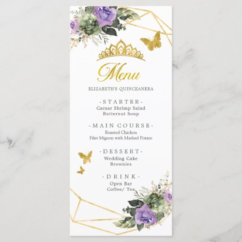 Gold Sage Green Purple Princesa Quinceaera Menu