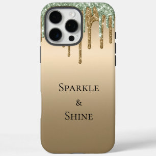 Gold Sage Green Sparkle Glitter Drips iPhone 16 Pro Max Case