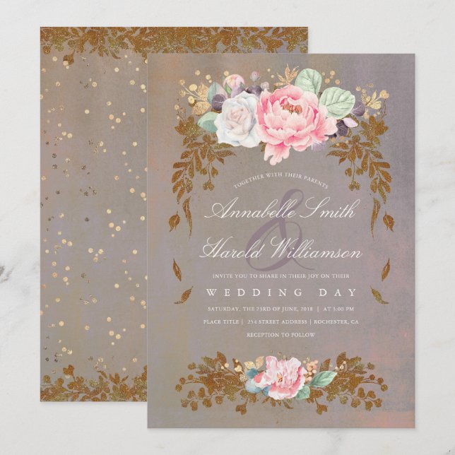 Gold Sage Violet Blush Floral Midsummer Wedding Invitation (Front/Back)