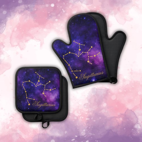 Gold Sagittarius Constellation on Dark Galaxy  Oven Mitt  Pot Holder Set