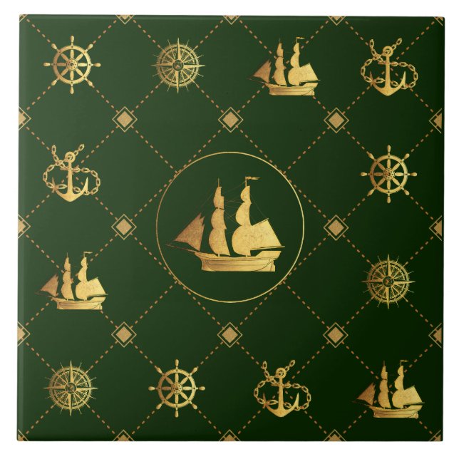 Gold Sail Ship Ceramic Tile (Front)