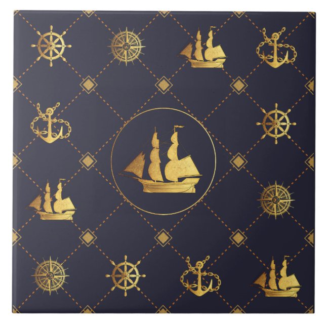 Gold Sail Ship Ceramic Tile (Front)