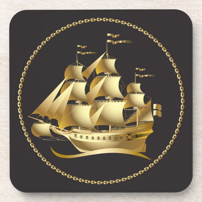 Gold Sailboat Nautical Drink Coaster (Front)