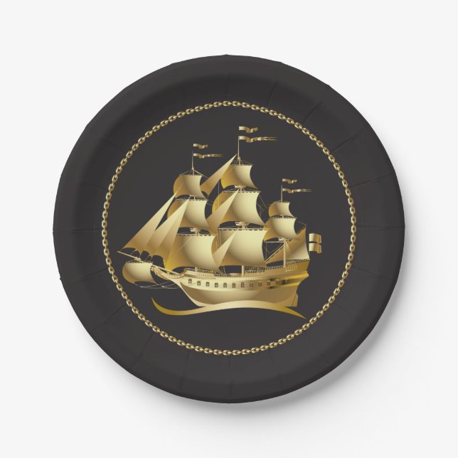 Gold Sailboat Nautical Paper Plates (Front)