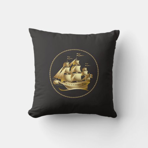 Gold Sailboat Nautical Throw Pillow