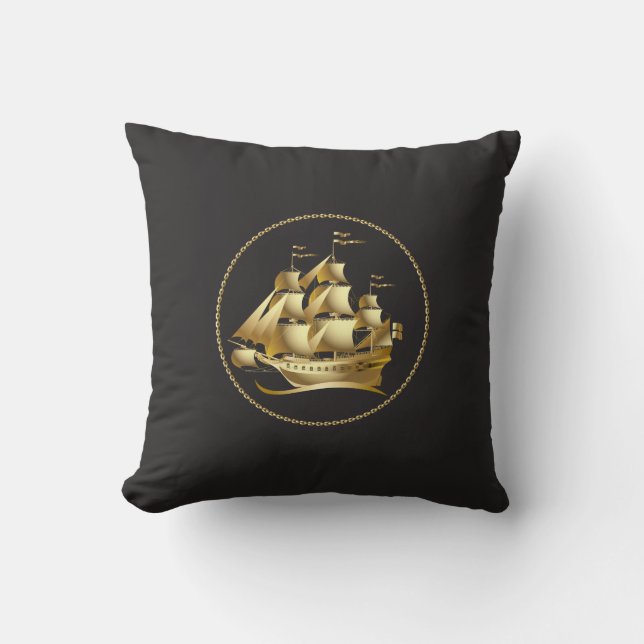 Gold Sailboat Nautical Throw Pillow (Front)