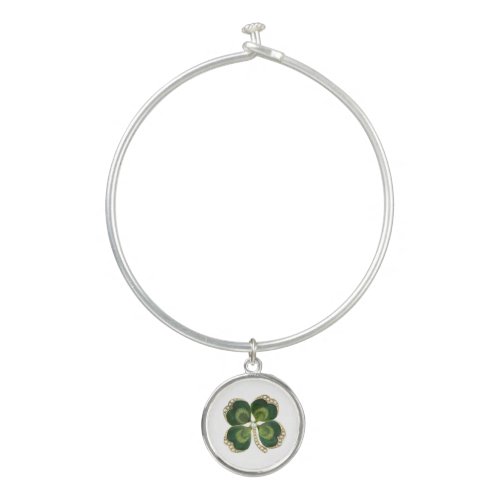 Gold Saint Patrick Shamrock Jewel Pearls in White Bangle Bracelet