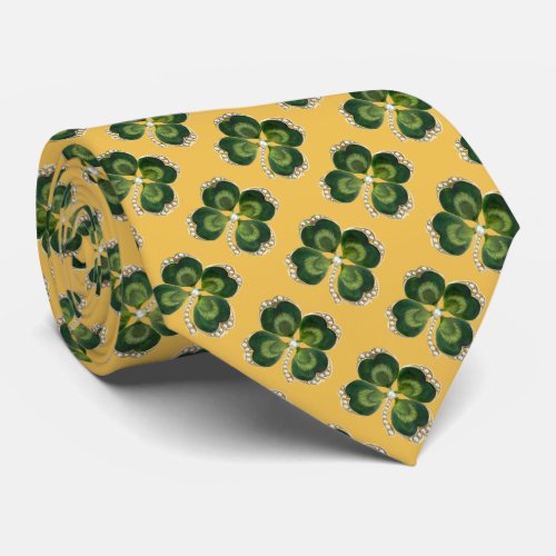 Gold Saint Patrick Shamrock Jewel Pearls Yellow Neck Tie