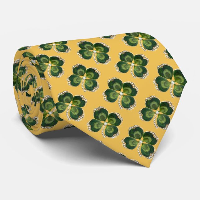 Gold Saint Patrick Shamrock Jewel ,Pearls Yellow Neck Tie (Rolled)