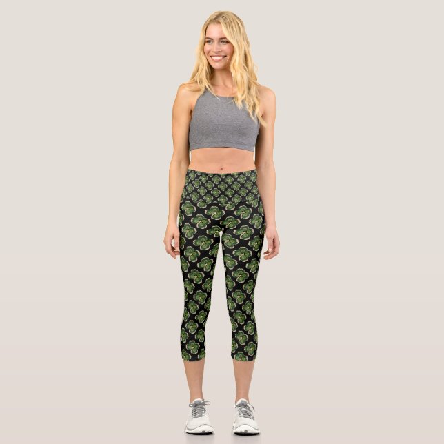 Gold Saint Patrick Shamrock Jewel with Pearls Capri Leggings (Front)