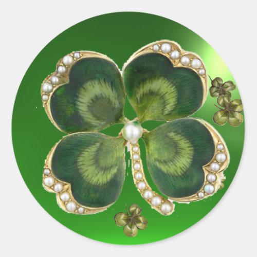 Gold Saint Patrick Shamrock Jewel with Pearls Classic Round Sticker