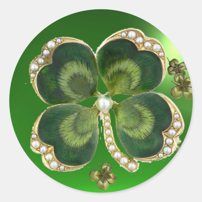 Gold Saint Patrick Shamrock Jewel with Pearls Classic Round Sticker (Front)