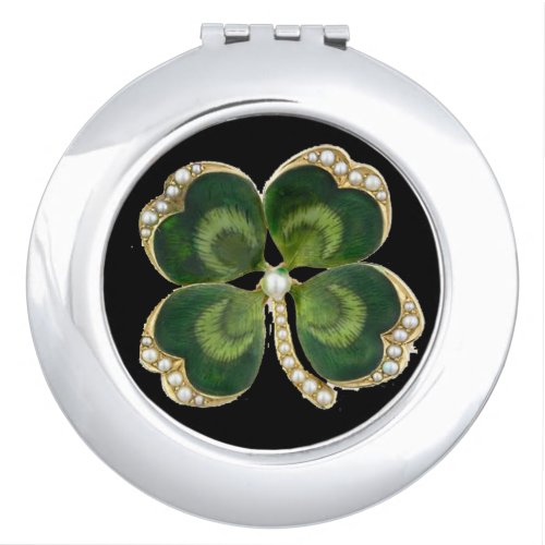 Gold Saint Patrick Shamrock Jewel with Pearls Compact Mirror
