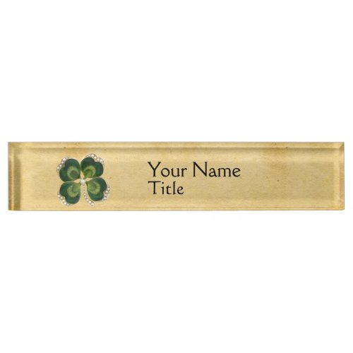 Gold Saint Patrick Shamrock Jewel with Pearls Desk Name Plate