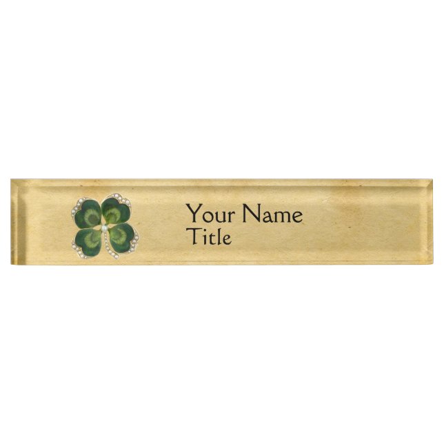 Gold Saint Patrick Shamrock Jewel with Pearls Desk Name Plate (Front)