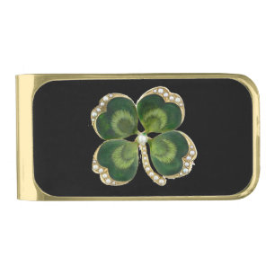Gold Saint Patrick Shamrock Jewel with Pearls Finish Money Clip