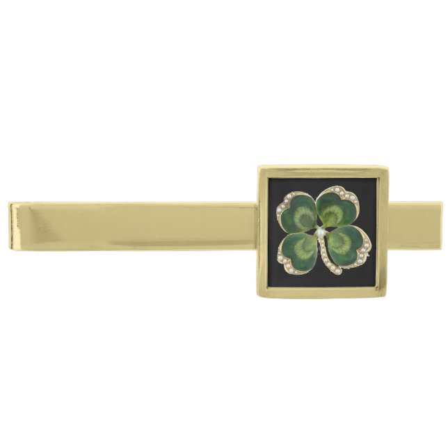 Gold Saint Patrick Shamrock Jewel with Pearls Finish Tie Clip (Front)