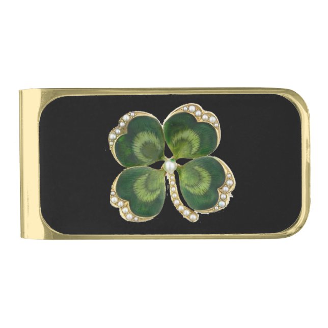 Gold Saint Patrick Shamrock Jewel with Pearls Gold Finish Money Clip (Front)