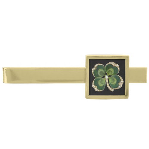 Gold Saint Patrick Shamrock Jewel with Pearls Gold Finish Tie Clip