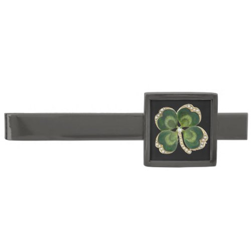 Gold Saint Patrick Shamrock Jewel with Pearls Gunmetal Finish Tie Bar