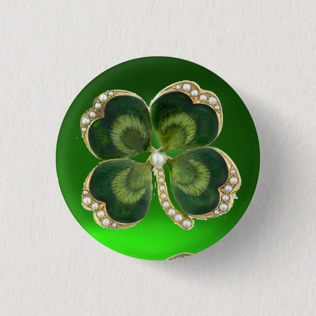Gold Saint Patrick Shamrock Jewel with Pearls Pinback Button (Front)