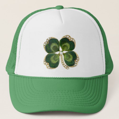 Gold Saint Patrick Shamrock Jewel with Pearls Trucker Hat