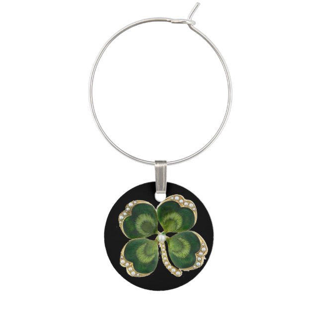 Gold Saint Patrick Shamrock Jewel with Pearls Wine Glass Charm (Front)