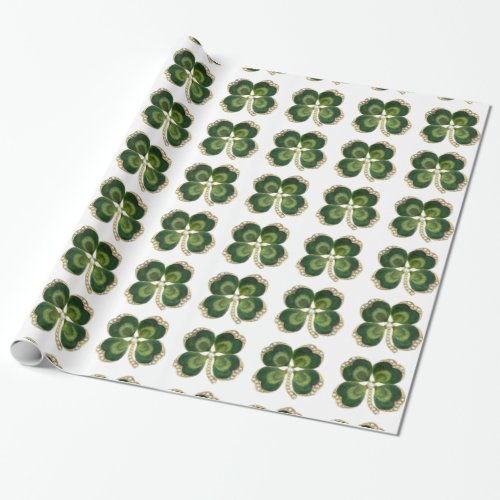 Gold Saint Patrick Shamrock Jewel with Pearls Wrapping Paper