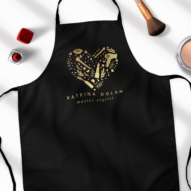 Gold Salon Heart Hair Stylist Personalized Name Apron (Creator Uploaded)