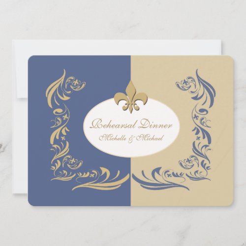 Gold Sand and Ice Blue Fleur de Lis Wedding Event Invitation