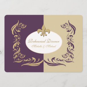 Gold Sand and Purple Fleur de Lis Wedding Event Invitation