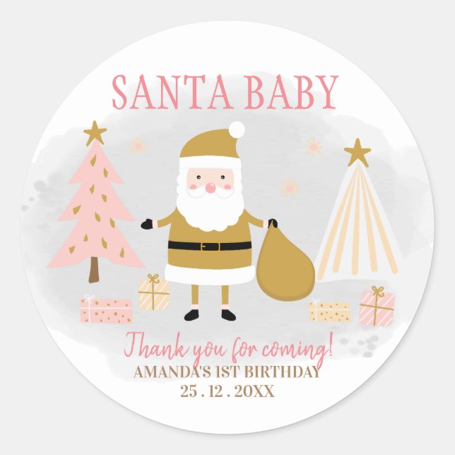 Gold Santa Claus Christmas Birthday Party Favor Classic Round Sticker (Front)
