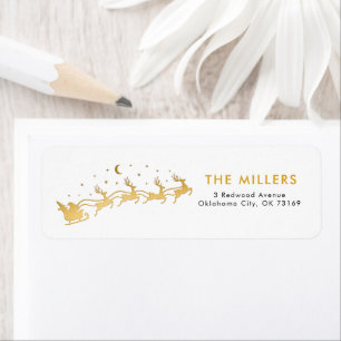 Gold Santa flying in a sleigh with reindeer Label