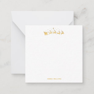 Gold Santa flying in a sleigh with reindeer Note Card