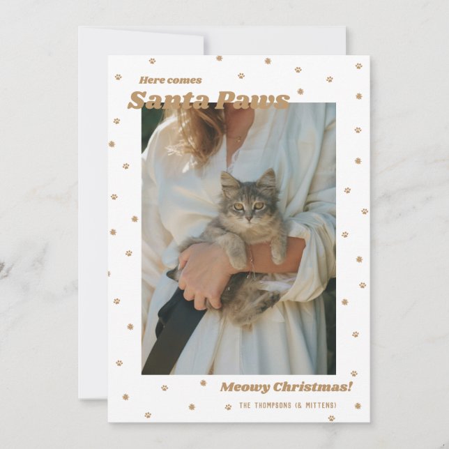 Gold Santa Paws Meowy Christmas Cat Photo Card (Front)