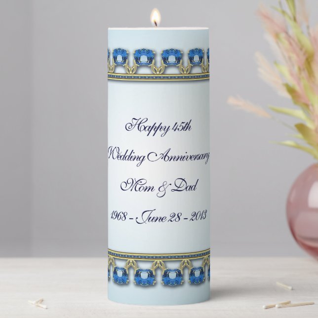 Gold Sapphire Blue 45th Wedding Anniversary Pillar Candle (In Situ)