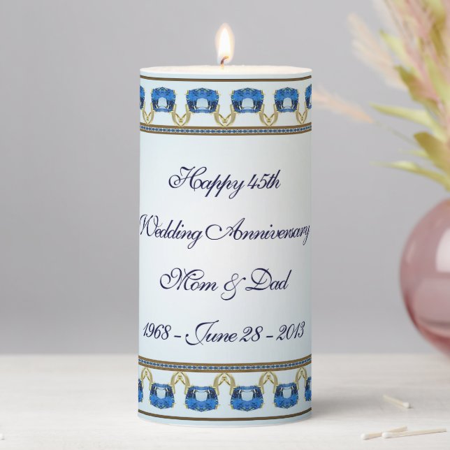 Gold Sapphire Blue 45th Wedding Anniversary Pillar Candle (In Situ)