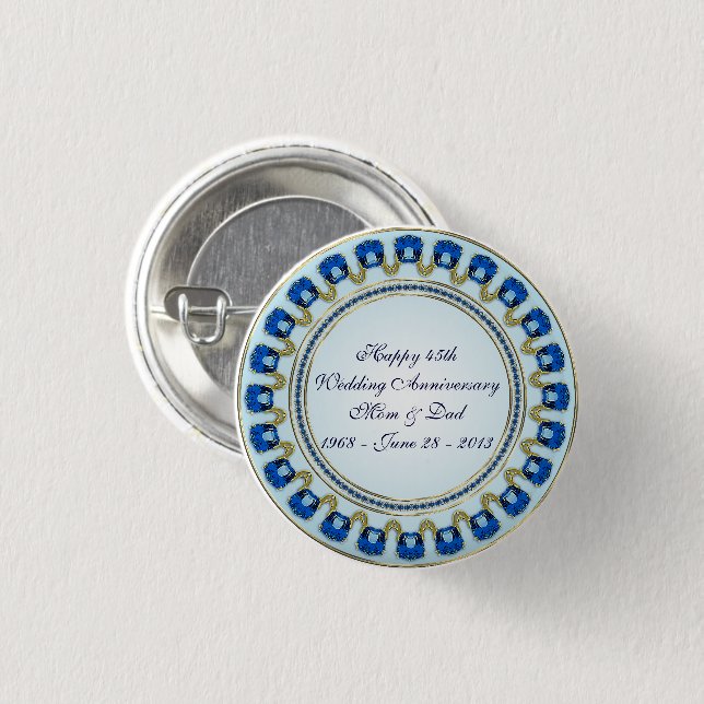 Gold Sapphire Blue 45th Wedding Anniversary Pinback Button (Front & Back)