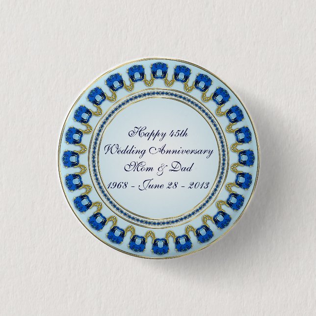 Gold Sapphire Blue 45th Wedding Anniversary Pinback Button (Front)