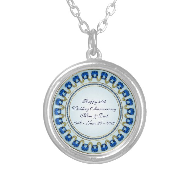 Gold Sapphire Blue 45th Wedding Anniversary Silver Plated Necklace (Front)