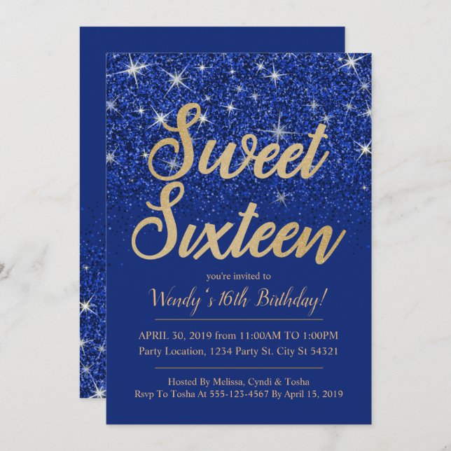 Gold Sapphire Sweet 16 Birthday Invitations (Front/Back)