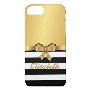 Gold satin BLACK white stripe GOLD BOW MONOGRAM iPhone 8/7 Case