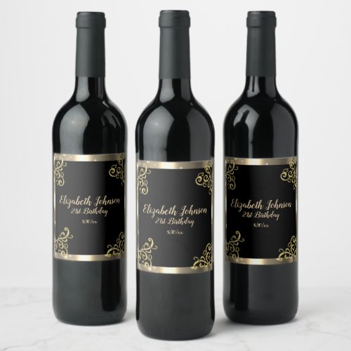 Gold Satin Glitter Scroll  Birthday  Wine Label