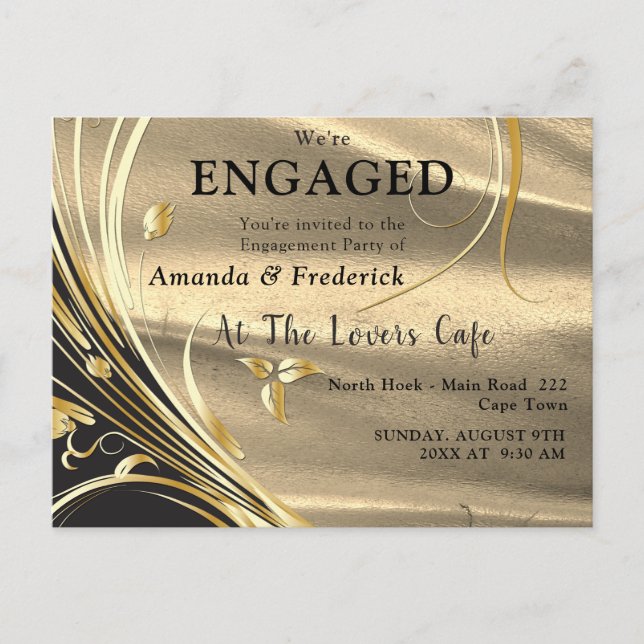Gold Satin  & Gold flower Engagement Invitation Postcard (Front)