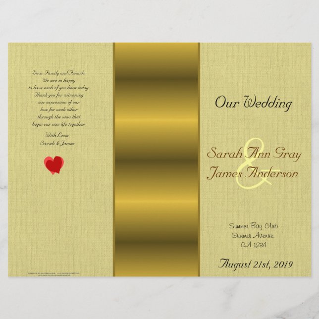 Gold satin linen effect wedding program (Front)