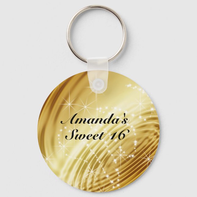 Gold Satin, Sparkle, Sweet Sixteen Favor Keychain (Front)