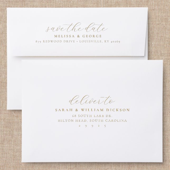 Gold Save the Date Back Addressed Envelopes (Linen)
